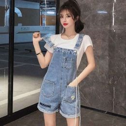 Overalls Denim vintage sleeveless denim jumpsuit women high waist shorts blue playsuit casual kid teens jeans suspender 230609