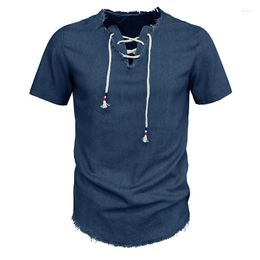 Men's T Shirts Vintage Denim Shirt Men Spring Summer Fashion Pure Color Short Sleeve Tee Streetwear Mens Casual Drawstring V Neck Tops