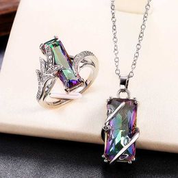 Pendant Necklaces Multicoloured Rectangular Stone Ring/Necklace Set Novel Design Anniversary Party Women Jewellery Factory Direct Selling R230612