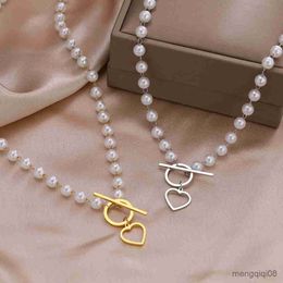 Pendant Necklaces Stainless Steel Romantic Heart Toggle Button White Imitation Pearl Beads Chain Fashion Necklace For Women Jewellery Gift R230612