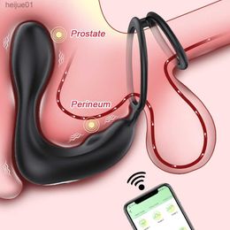 Bluetooth APP Male Prostate Massager Vibrator Double Ring Delay Ejaculation Anal Plug Stimulator Adult Sex Toys for Men Couples L230518