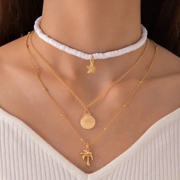 3 Pieces/Set Elegant White Resin Neck Chain for Women's Bohemian Shell Starfish Multi layered Pendant Necklace
