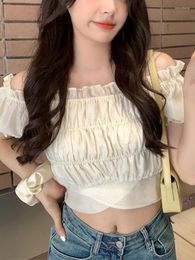 Women's Blouses 2023 Summer Fairy Elegant Off Shoulder Blouse Women Vintage Y2k Crop Top Office Lady Casual Short Sleeve Shirts Korean