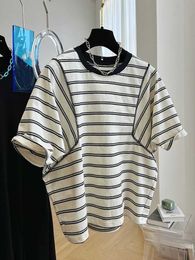 Women's T-Shirt Graphite Cotton Half Top Loose Bat Stripe Short Sleeve Casual Summer Black Y2k T-shirt G220612