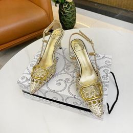 Womens Sandals Designer Sexy Pumps Slingback Sandal Pointed Toe Real Leather Knitted Hollow High Heels Party Shoes Silver Gold Wedding Size 40