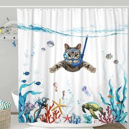 Curtains Funny Diving Dog Cat Shower Curtain Ocean Octopus Starfish Turtle Fish Marine Life Waterproof Fabric Kitchen Bathroom Curtains