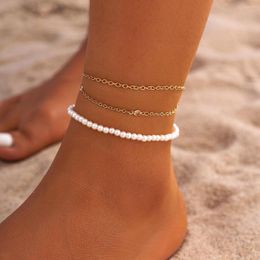 Anklets IngeSight.Z Multilayer Imitation Pearl Beaded Women Summer Beach Crystal Metal Link Chain Boot Bracelet Foot Gift