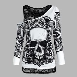 T-Shirts Gothic Casual Women T Shirts Skull Graphic Off Shoulder Two Piece Tee Sets Long Sleeve Sleeveless Spring Tops Female Clothes D30