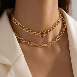 INS Thick Chain OT Buckle Double Layer Neck Chain Men and Women Hip Hop Geometric Alloy Hollow Collar Necklace