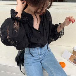 Women's Blouses 2023 Loose Sexy Cardigan Lace Shirt Women Blouse With Lantern Long Sleeve Transparent Spring Black Top 10202