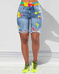 2023 Summer New Tie Dye Print Tear High Waist Denim Shorts Women's Casual Bottom P230606