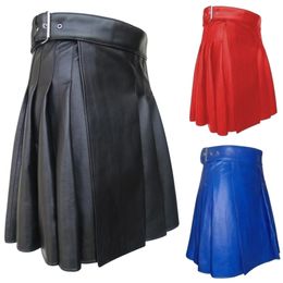 Pants Hot Sale Men Solid Leather Pleated Skirt Fashion Scottish Style Leather Belt Solid Color Pleated Skirt Fashion Casual Male Skirt