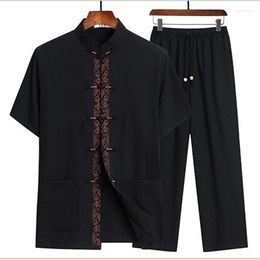 Ethnic Clothing 6Colors Tang Suit Men Short Sleeve Top Pants Set Breathable Chinese Style Retro Embroidery Oriental Traditional