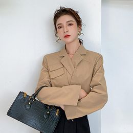 Women's Suits Fall Fashion Unique Design Sexy Blazer Women Long Sleeve Pocket Khaki Short Jacket Korean Slim Solid Green Lady Outwear