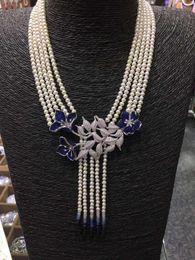 Chains 5 Strands 20" White Pearl Necklace CZ Sapphire Tassel Pendant