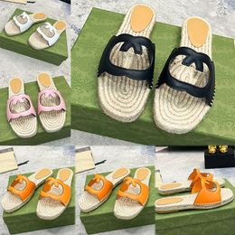 Womens Interlocking G Cut out slide sandals orange cut-out leather Cord with rubber Flat sole high-end cow leather summer Floral beach Straw Slippers