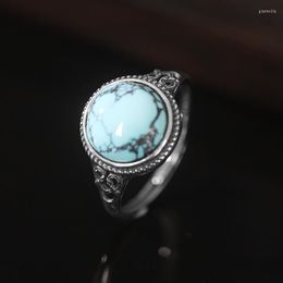 Cluster Rings Women's 925 Vintage Thai Silver Old Turquoise Opening Adjustable Ring Engagement Party Gift Jewellery