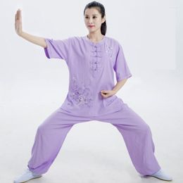 Ethnic Clothing Women's Summer Embroidered Tai Chi Suit Short Sleeve Traditional Chinese Martial Arts Practise Set Thin