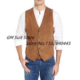 Blazers Mens Dress Vest Suede Leather 5 Buttons Male Waistcoat Formal Gilet Homme Business Slim Fit Suit Vest