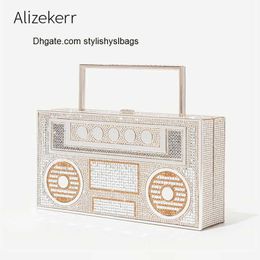 Shoulder Bags Colour Diamonds Radio Evening Clutch Bag Women 2022 New Bridal Wedding Metal Handle Shiny Rhinestone Purse And Handbags Designer