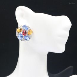 Stud Earrings 24x24mm Multi Color Blue Topaz Golden Citrine Violet Tanzanite Rhodolite Garnet White CZ Ladies Engagement Silver