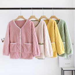 Women's Sleepwear Winter Flannel Pajamas One-piece Top V-neck Button Coral Fleece Thickened Warm Home Clothes Large Size