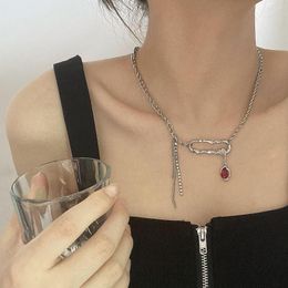 Choker Chic Silver Colour Pin With Red Zircon Necklaces Pendant For Women 2023 Summer Jewellery Fashion Clavicle Chain Girls