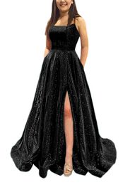 Long Sweety Formal Evening Dresses Sequined Spaghetti Side Split A-Line Lace-up Satin Plus Size Prom Party Gowns 19