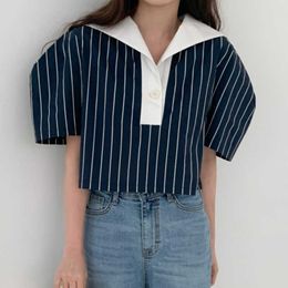 T-Shirt Blusas Mujer 2023 Women's Contrast Shirt Sailor Collar Blue Stripe Loose Fit Graphic T-shirt Harajuku Top G220612