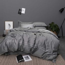 Grey Blue Egyptian Cotton Duvet cover set Queen King size Hotel style Bedding Set Bed sheet or Fitted sheet set Pillow shams T200706