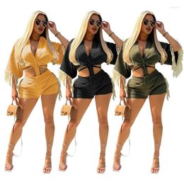 Women's Tracksuits Tassel Solid 2 Piece Sets Women Sexy V Neck Half Sleeve Lace Up Asymmetrical Shirts Crop Tops Matching Shorts Holiday