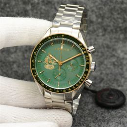 42mm Mens Watch Green Dial Quartz Chronograph Movement Stainless Steel Rockets Back Sports Men Watches Stainless Steel Strap Moon