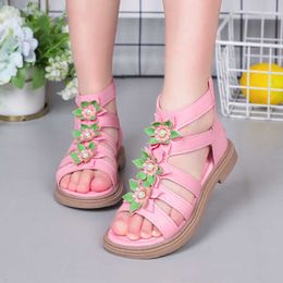 Girls Gladiator Sandals Solid Open Toe Artificial plants Pearl Unique Back Zipper Fashion Children's Shoes G220612