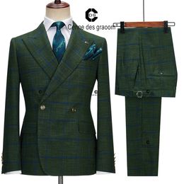 Men's Suits Blazers Cenne Des Graoom Green Plaid Double Breasted Suits For Men Jacket and Pants 2 Button Wedding Dress Evening Party Costume Homme 230612
