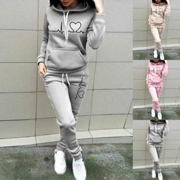 Women's Two Piece Pants Warm 2 Pcs/Set Terrific Pure Colour Autumn Tracksuit Drawstring Women Sports Suit Hooded For Work