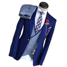 Handsome Blue Mens Wedding Tuxedos 3 Pieces Slim Fitn Groom Suits Grey Vest One Button Man Formal Wear For Dinner Clothes