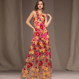 Urban Sexy Dresses Halter Colourful Embroidery Aline Women Clothing Sleeveless See Through Floor Length Evening For Woman Custom Made 230612