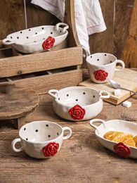 Bowls Relief Rose Crockery Utensils Binaural Bake Tray Breakfast Milk Mug Ceramic Salad Fruit Plate