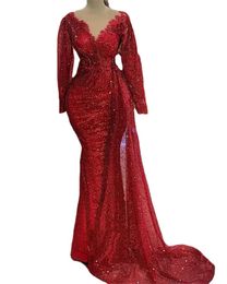 Red Sparkly Mermaid Evening Formal Dresses Lace Sequins Long Sleeve Maroon Arabic Aso Ebi Prom Gala Engagement Gown