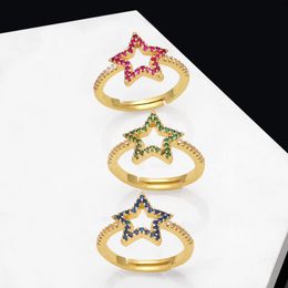 Hollow Pentagram Star Adjustable Finger Ring With Red/Green/Blue CZ Zircon Stone 18K Gold Plated Ring Female Birthday Party Gift