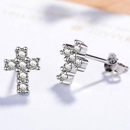 Stud Earrings Yanleyu Sterling Silver S925 Simple Full Diamond Inlaid With Zircon Cross Faith Women's Small Jewellery Gift