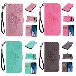 Flower Leather Wallet Cases For Iphone 15 Pro Max Plus Google Pixel 8 7 7A Samsung A34 A54 5G A24 4G Fashion Owl Print Lace Card Holder Flip Cover Night Bird Pouches Strap