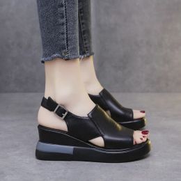 Thick-soled Wedge Sandals Women 2022 New Summer High-heeled Fish Mouth Women's Shoes Soft Leather High Platform Shoes Slippers