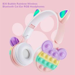 Headphones New cartoon bubble rainbow decompression wireless bluetooth cat ear RGB headset with microphone kids headset support TF card