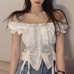 HOUZHOU Vintage Kawaii Blouses Women Puff Sleeve Shirring White Shirt for Girl Summer Korean Fashion Preppy Style Sexy Crop