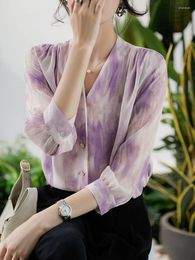 Women's Blouses 2023 Purple Shirt Women's Printed Chiffon V-neck Blusas Mujer De Moda Half Sleeve Summer Top Women