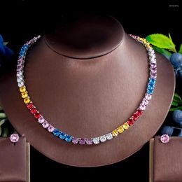 Necklace Earrings Set ThreeGraces Multicolor Cubic Zirconia Round CZ Tennis Choker And Bridal Party Jewellery For Women TZ907