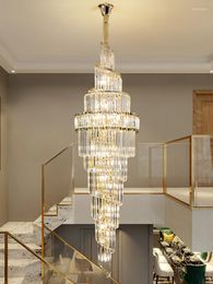 Pendant Lamps Luxury Villa Duplex Building Golden Chandelier Crystal Hall Spiral Staircase Modern Living Room El Lobby Long