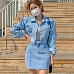 Work Dresses Women Autumn Retro Denim Set Korea Design Turn Down-Collar Long Sleeve Jacket Coat High Waist Slim Short Skirt Two Piece Suits