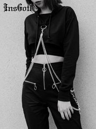 Women's Hoodies InsGoth Punk Metal Chain Solid Black Hoody Harajuku Hooded Cropped Tops Goth Grunge Long Sleeve Women Streetwear